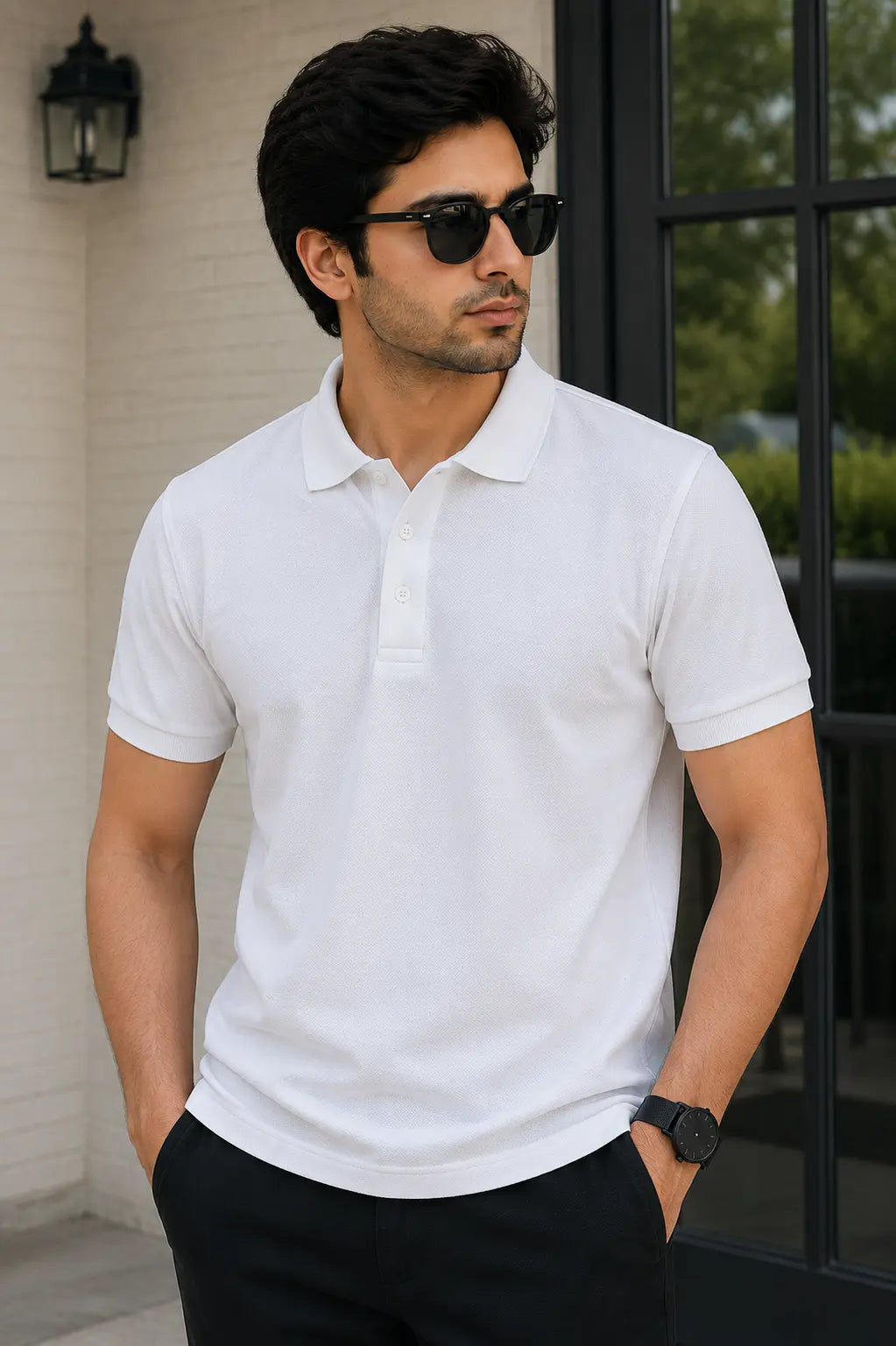 Man wearing a white polo shirt and sunglasses outdoors