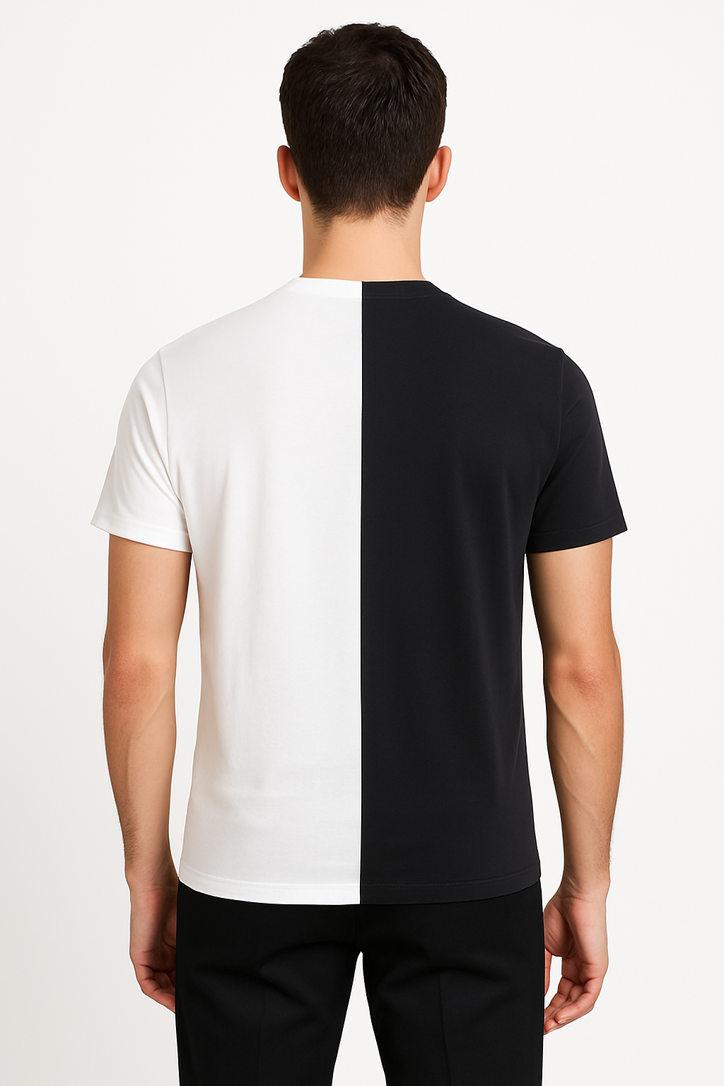 Men’s black and white half-sleeve color-block t-shirt, back view