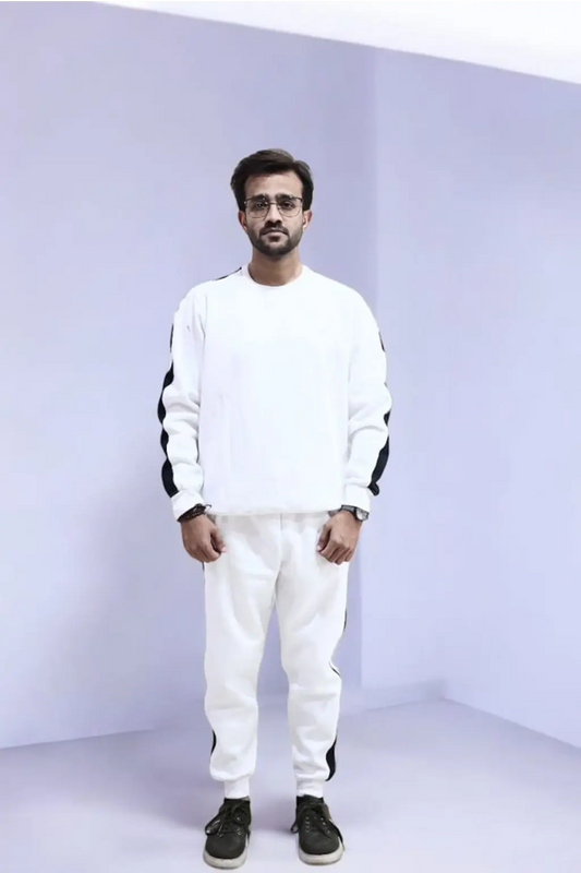 Nxtwears Winter Unisex White Co-ord Set with Black Stripes Tracksuit