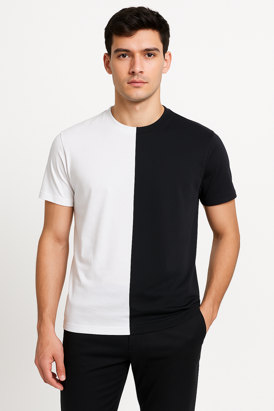 Men’s black and white half-sleeve color-block t-shirt, front view
