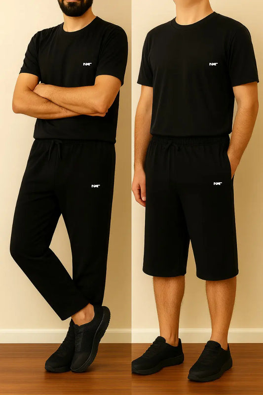 Two views of a person wearing a black outfit with a brand logo on a beige wall background.