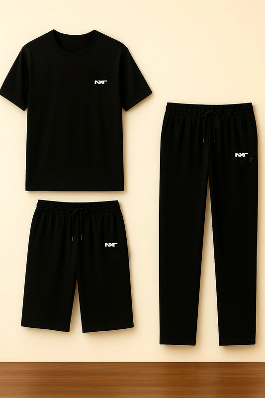 Black t-shirt, shorts, and pants with a logo on a beige background