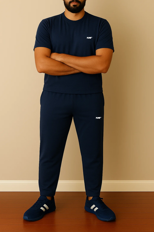 Men’s navy blue cotton tracksuit front view with NXT logo – summer athleisure set by Nxtwears