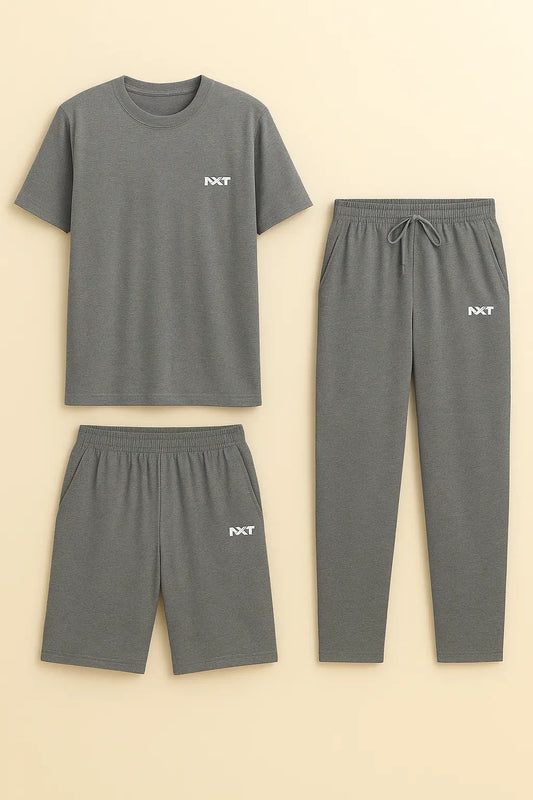 Men’s grey cotton 3-piece set – t-shirt, shorts, and trouser