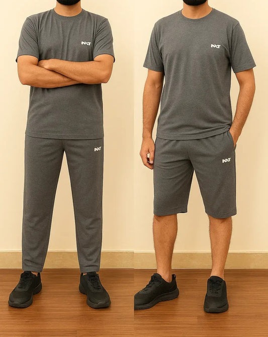 Men’s cotton summer set with grey t-shirt, shorts, and trousers