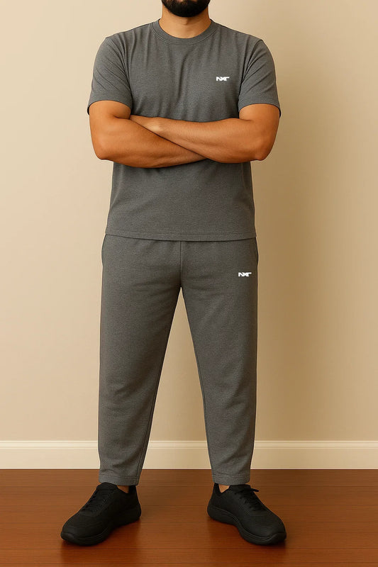 Side profile of Nxtwears men’s grey tracksuit – casual athleisure wear for men