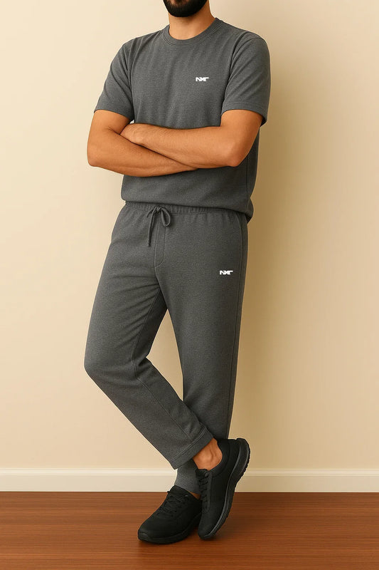 Men’s Grey cotton tracksuit side view with NXT logo – summer athleisure set by Nxtwears
