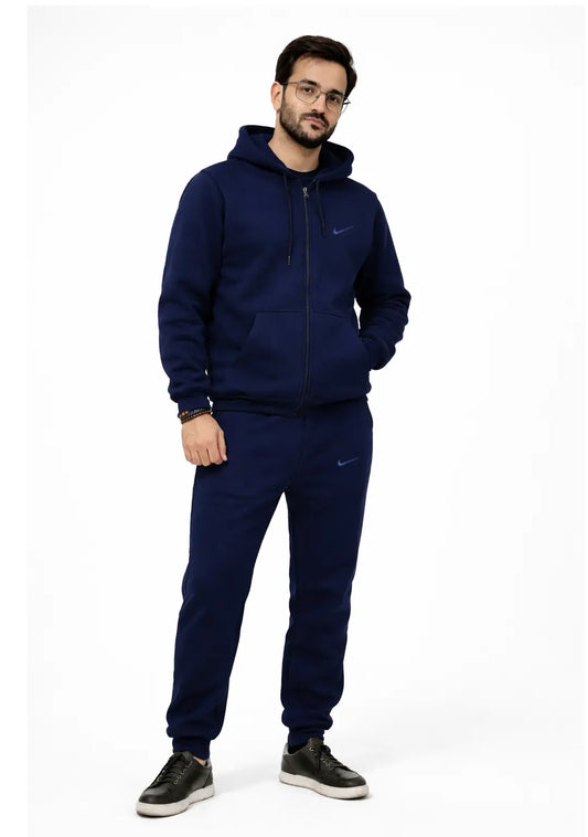 Men wearing Unisex Navy Blue Zipper Hoodie with Pajama set
