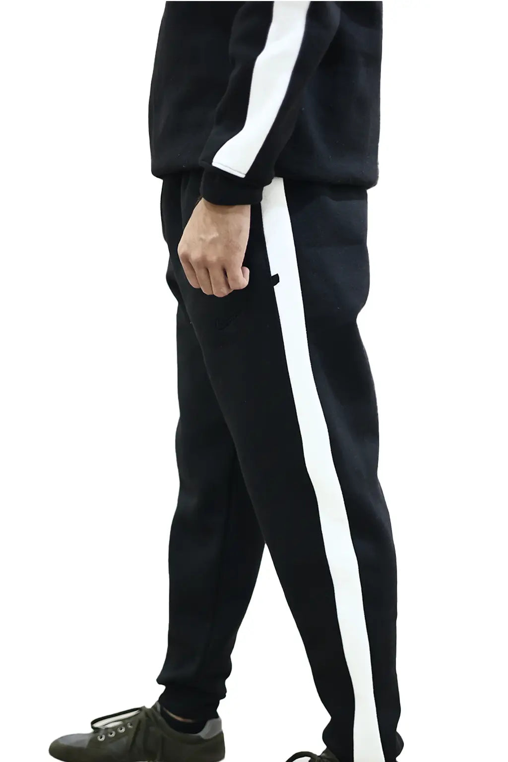 Side view of Men wearing Black Tracksuit with white Stripes