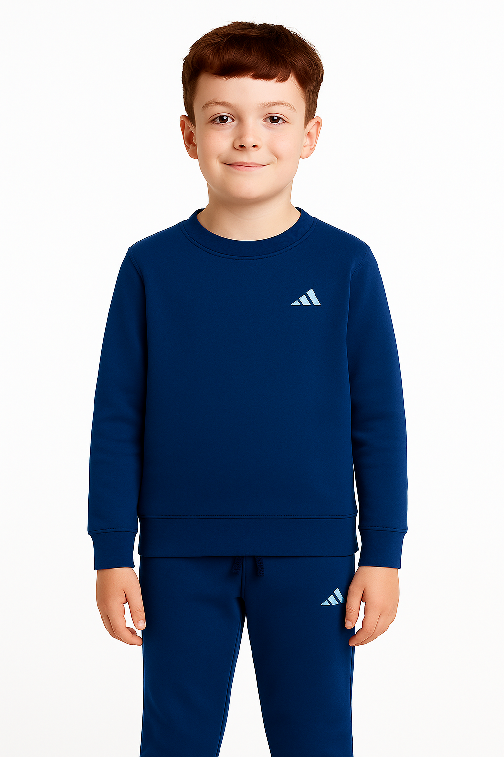 child wearing winter royal blue kids tracksuit set with sweatshirt and joggers