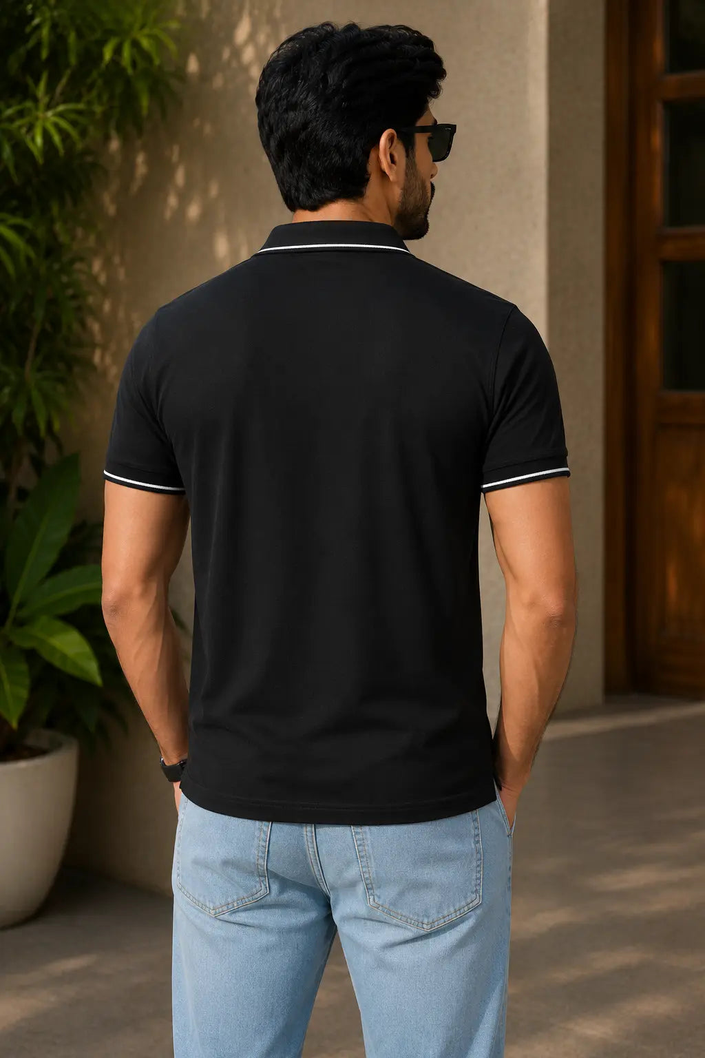 Men wearing polo tshirt in black backview