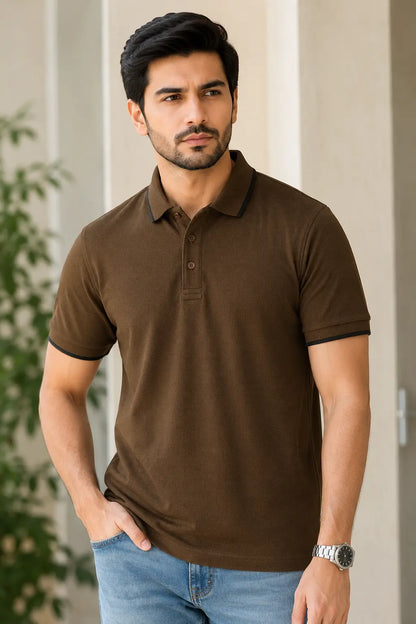 Basic Brown Polo Tee for Men with Black Contrast on Collar