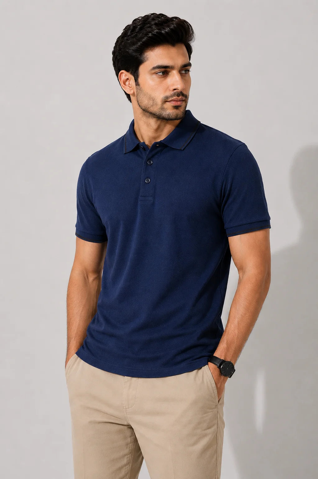 Basic Navy Blue Polo Tee for Men with Black Contrast on Collar