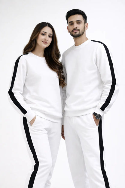 Men & Women wearing White Tracksuit for Unisex made in Fleece