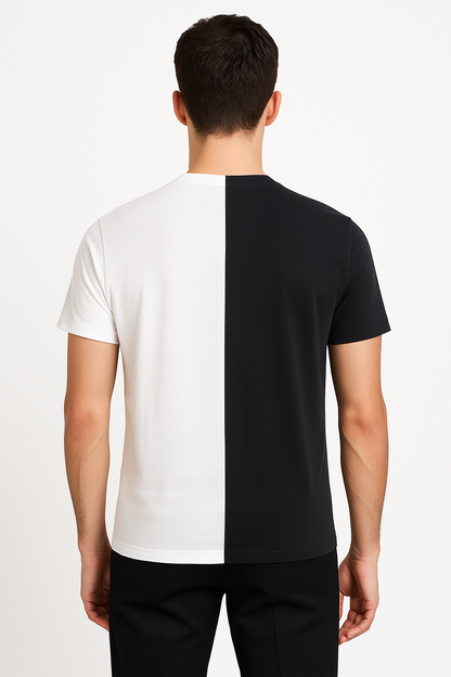 Men’s black and white half-sleeve color-block t-shirt, back view
