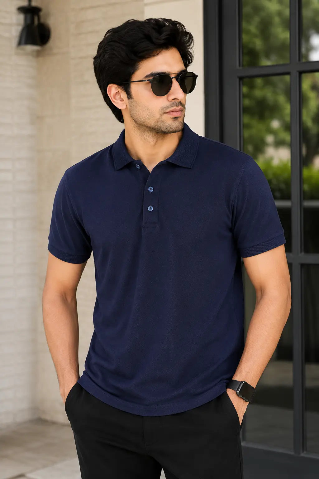 Man wearing a navy blue polo shirt and sunglasses outdoors.