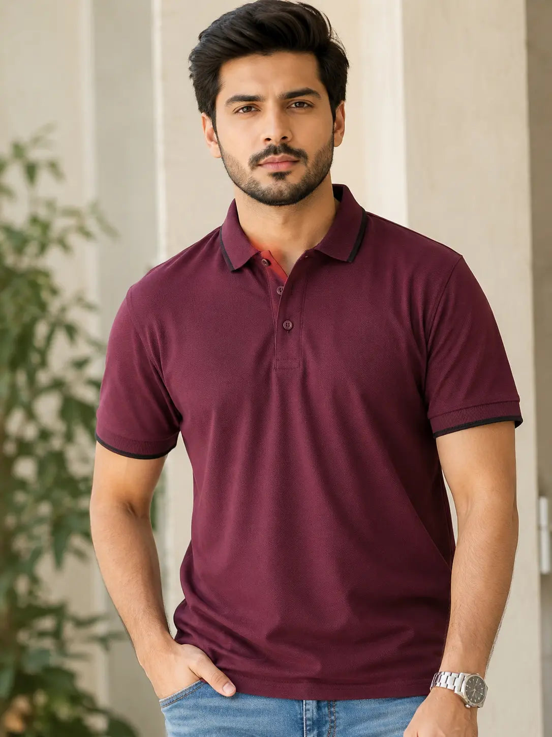 Men wearing basic cotton polo tshirt for nxtwears in Maroon color 