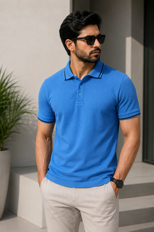 Basic Sky Blue Polo T-Shirt for Men with Black Contrast Collar