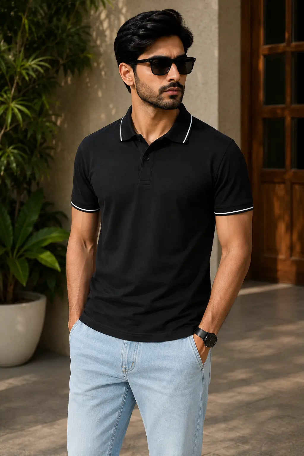 Men wearing Black Polo Tshirt front for Nxtwears