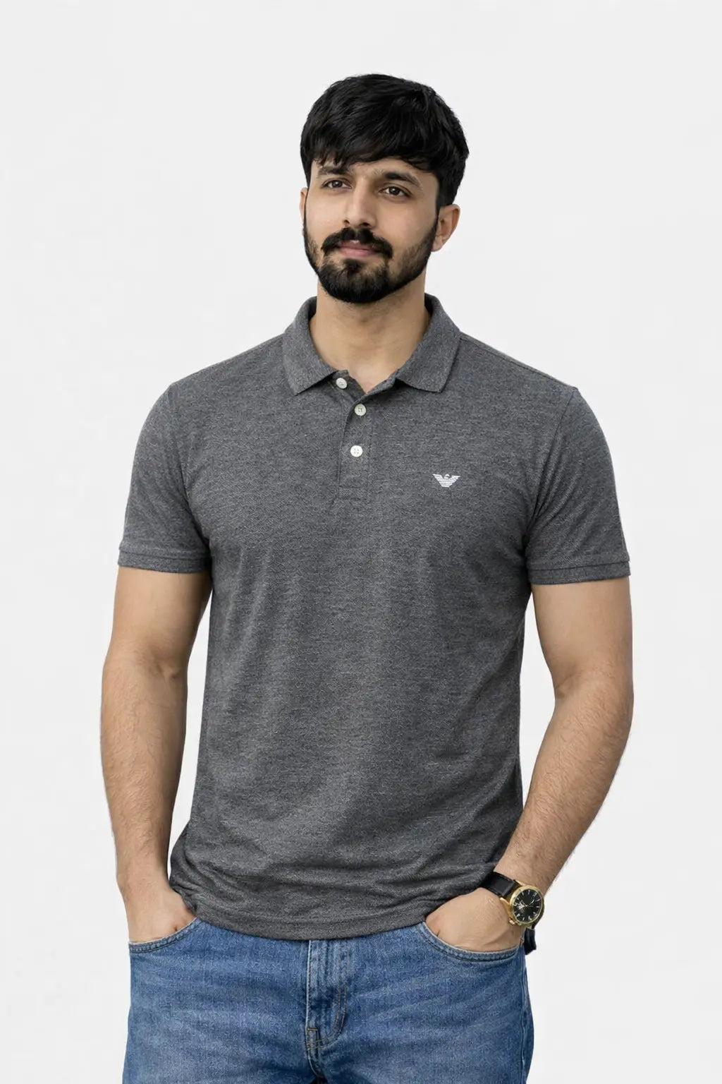 Front view of Men wearing Charcoal Grey Cotton Polo