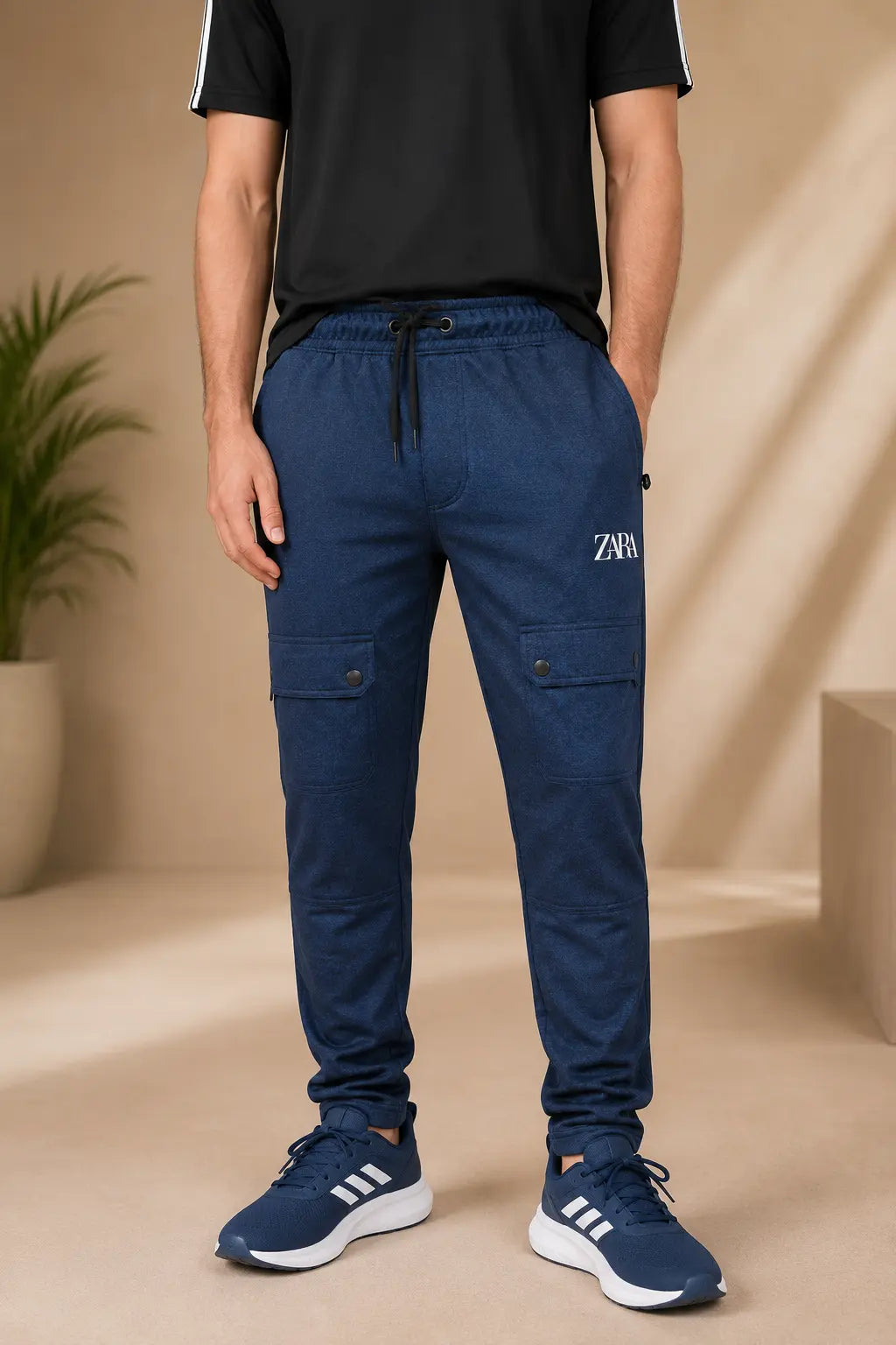 A man wearing dark blue cargo jogger pants with white 'ZARA' branding on the left thigh, paired with a black t-shirt and blue sneakers, standing in a beige indoor setting.