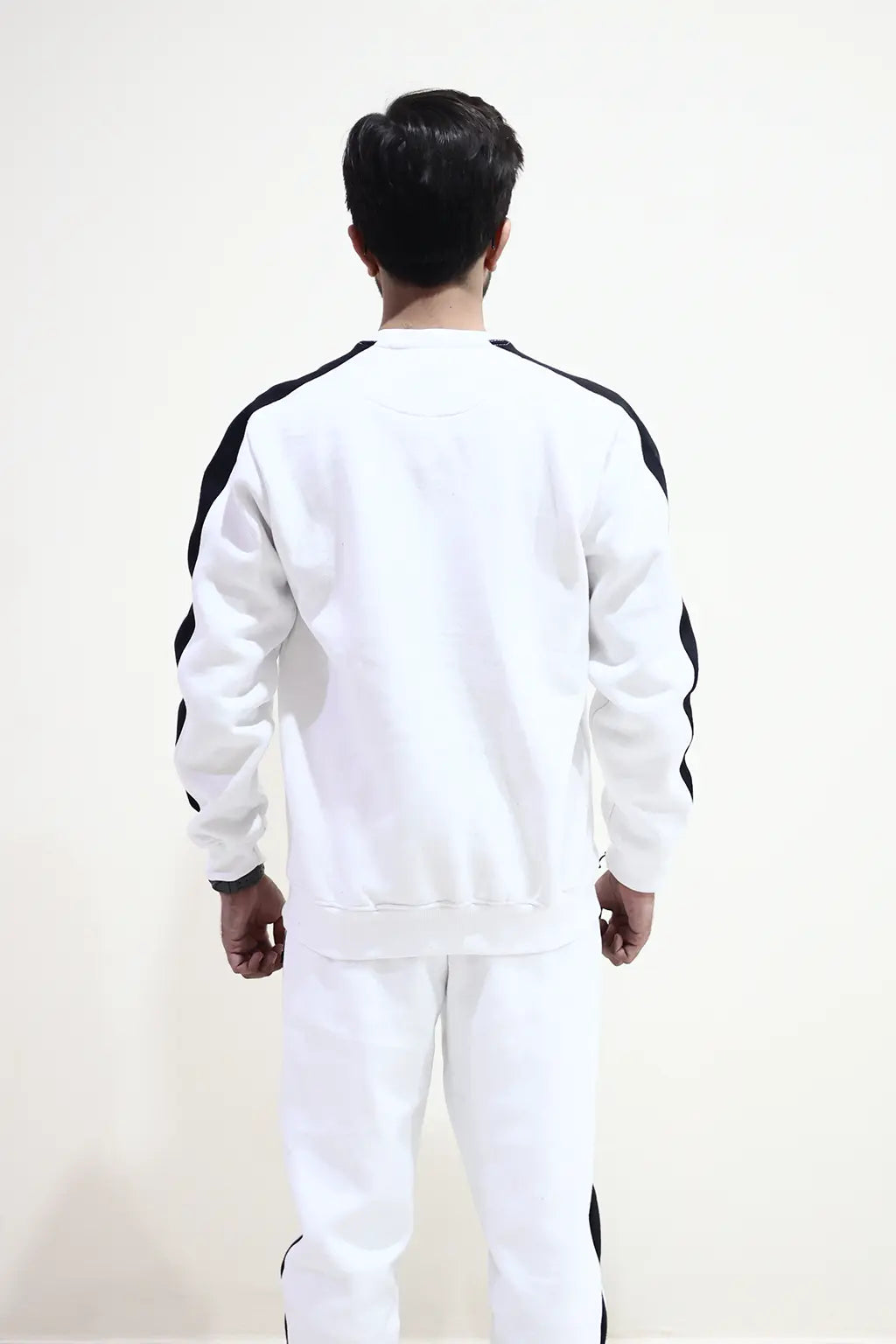 Nxtwears unisex white sweatsuit with black stripe borders , back view of co-ord set Men