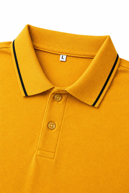 Collar view of Men Basic Polo tshirt in mustard color