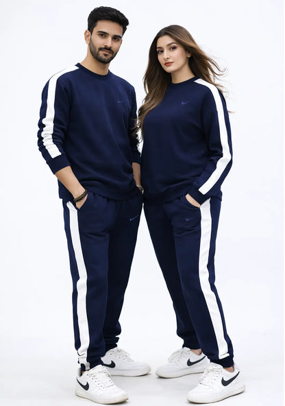 Girl & Boy wearing Unisex Blue Tracksuit in Fleece with White Stripes on Arm