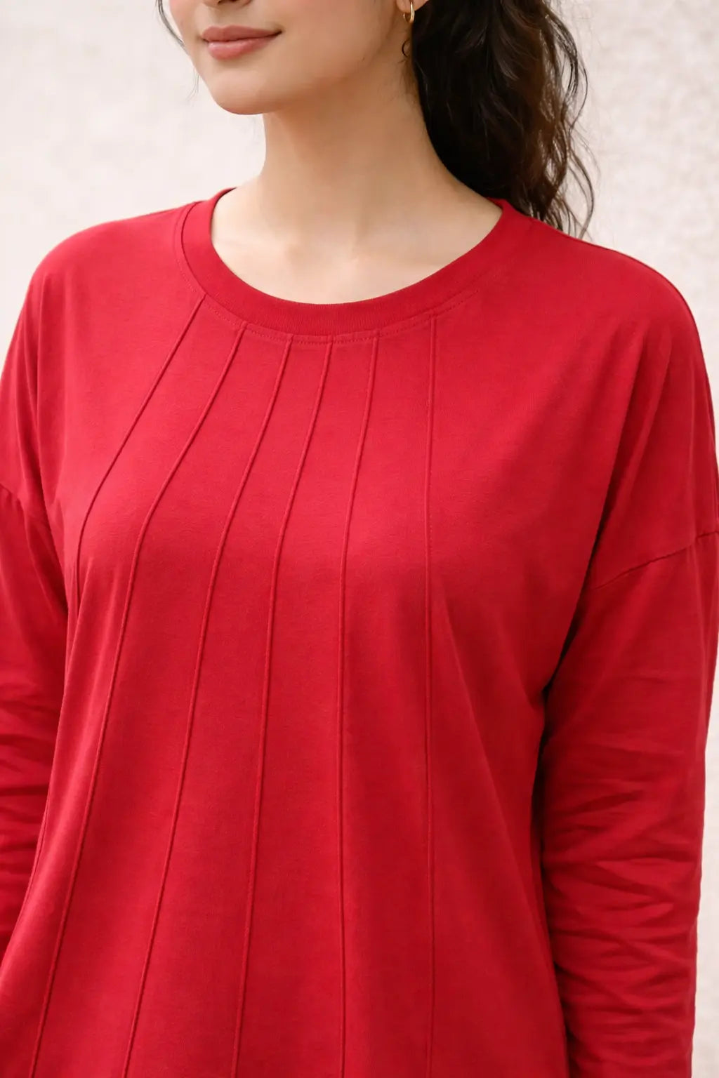 Women wearing Red Jersey Coordset Close view