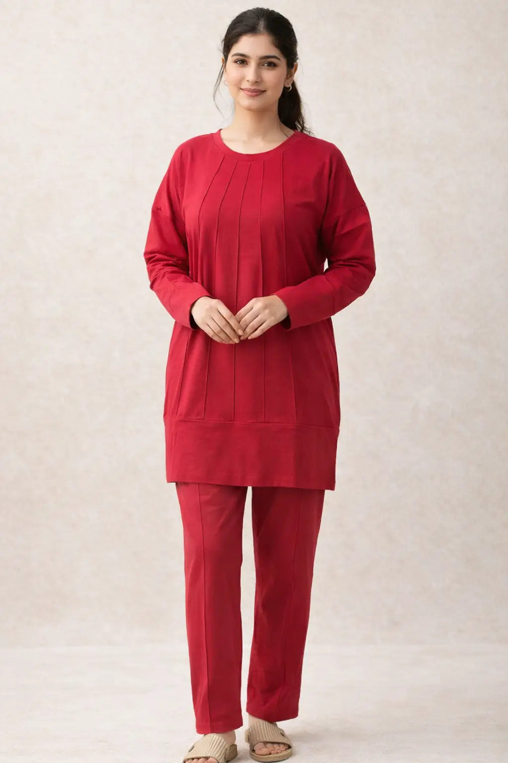 Women wearing Red Cotton Coordset front side