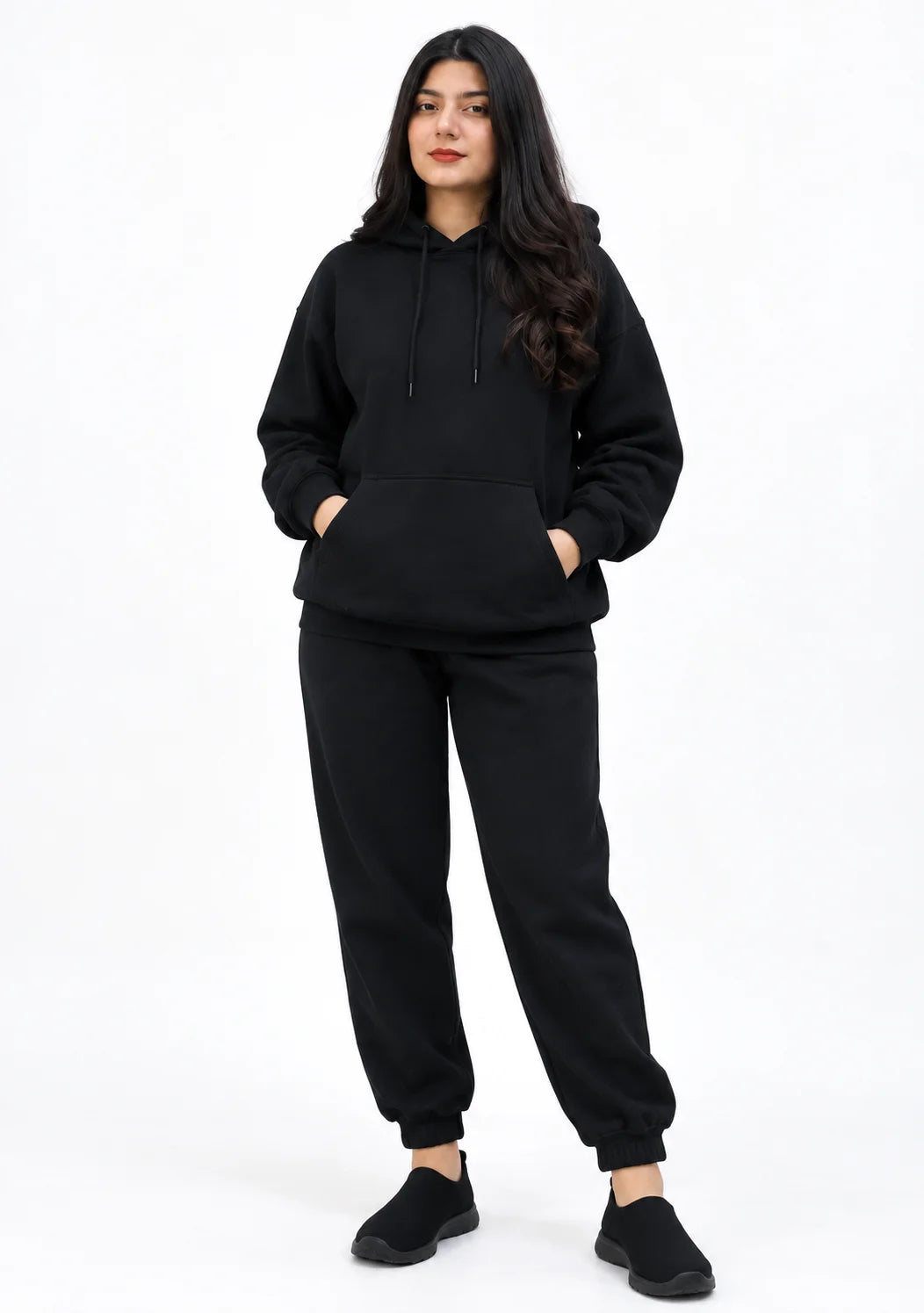 Women wearing Black Pullover Hoodie with matching trouser pant