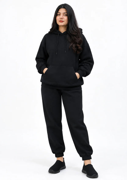 Women wearing Black Pullover Hoodie with matching trouser pant