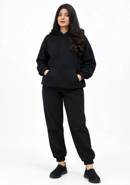 Women wearing Black Pullover Hoodie with matching trouser pant