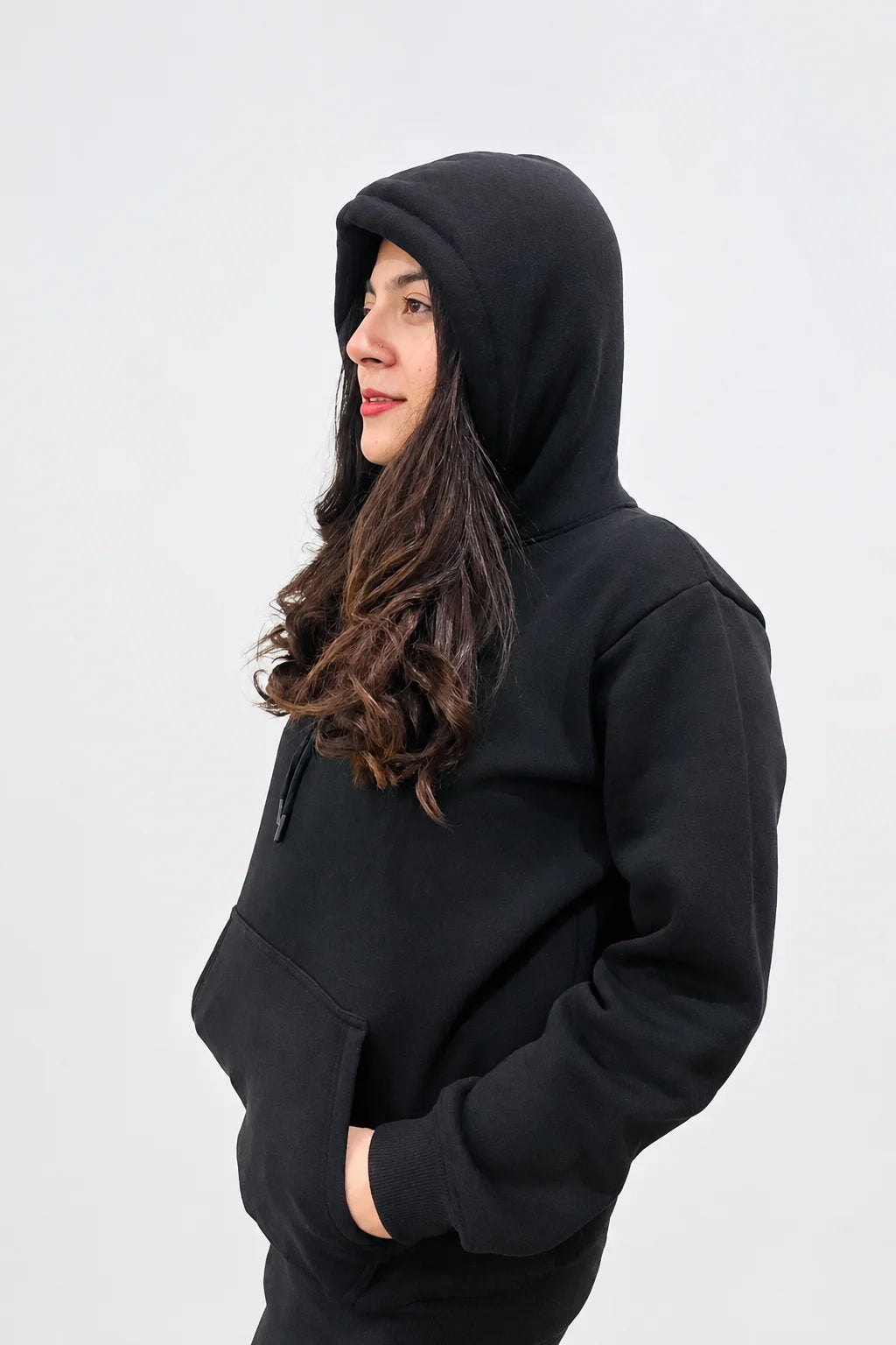 Women model showing side pose of Black Hoodie 
