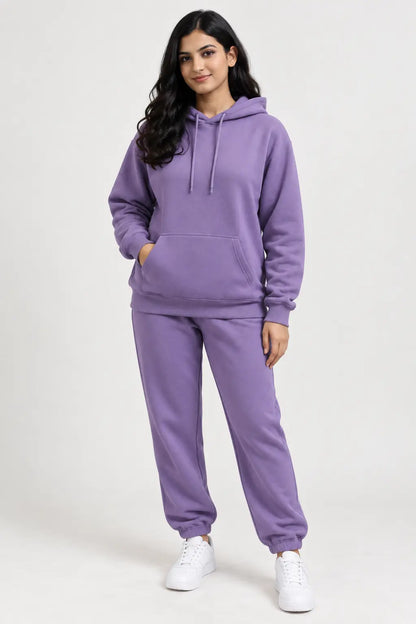 Women wearing Purple color Pullover Hoodie with Jogger pants