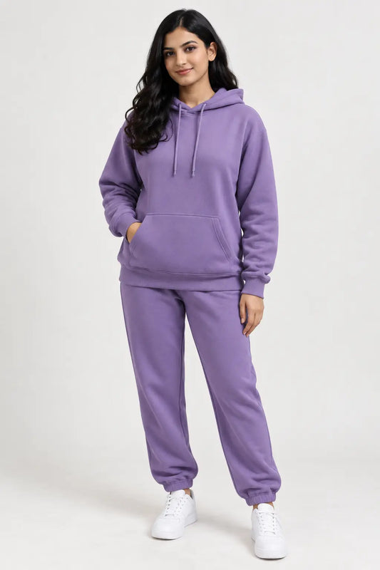 Women wearing Purple color Pullover Hoodie with Jogger pants
