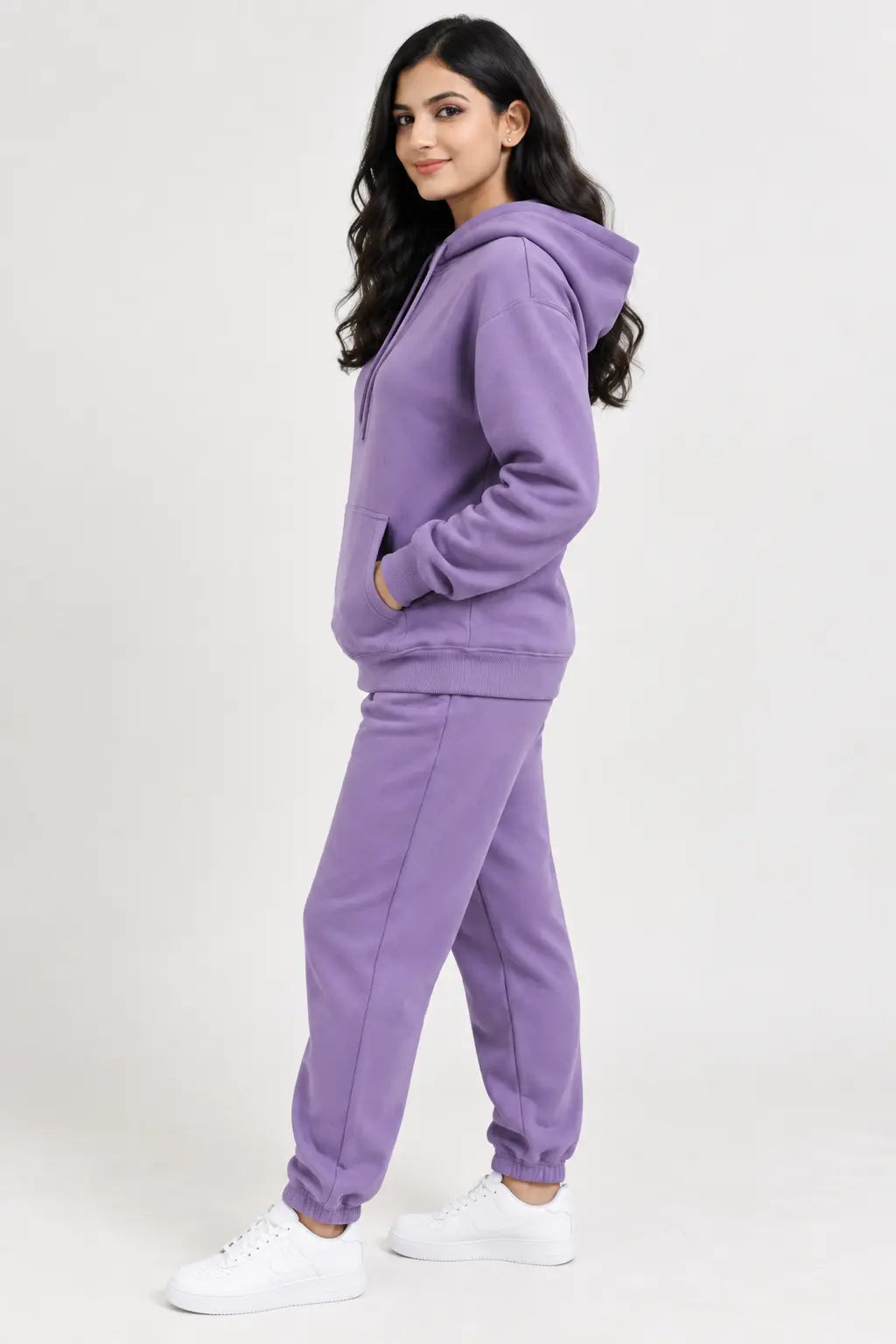 Women showing side view of Purple Hoodie 
