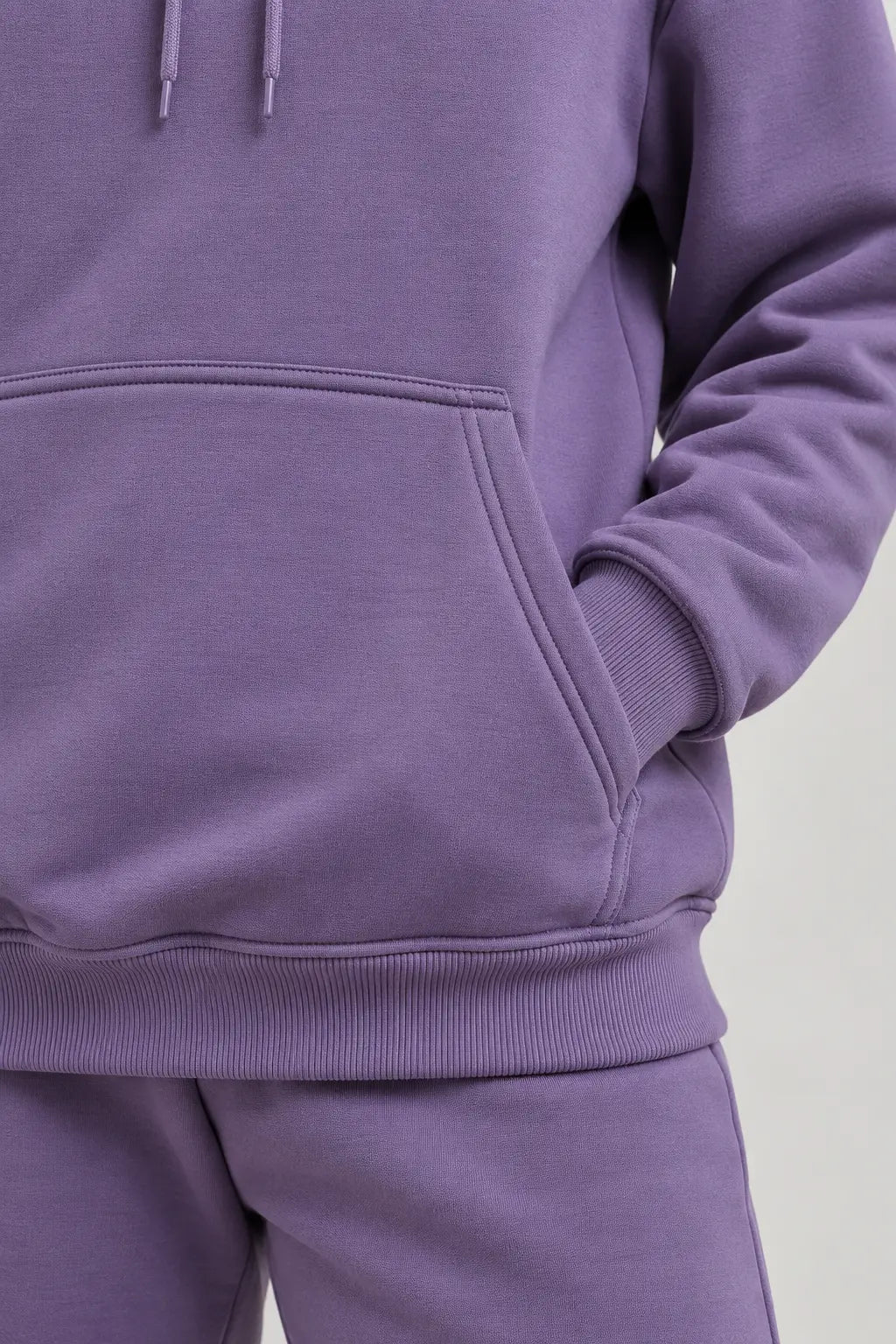 Women wearing Lavender Purple hoodie to show close fabric view