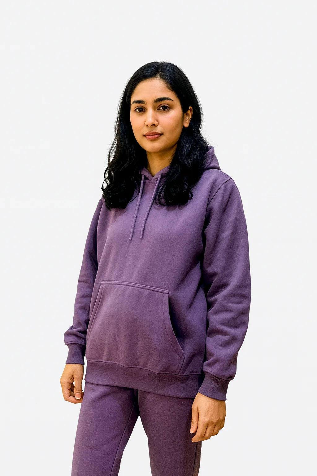 Front view of model wearing Purple pullover hoodie Fleece with Jogger Pants