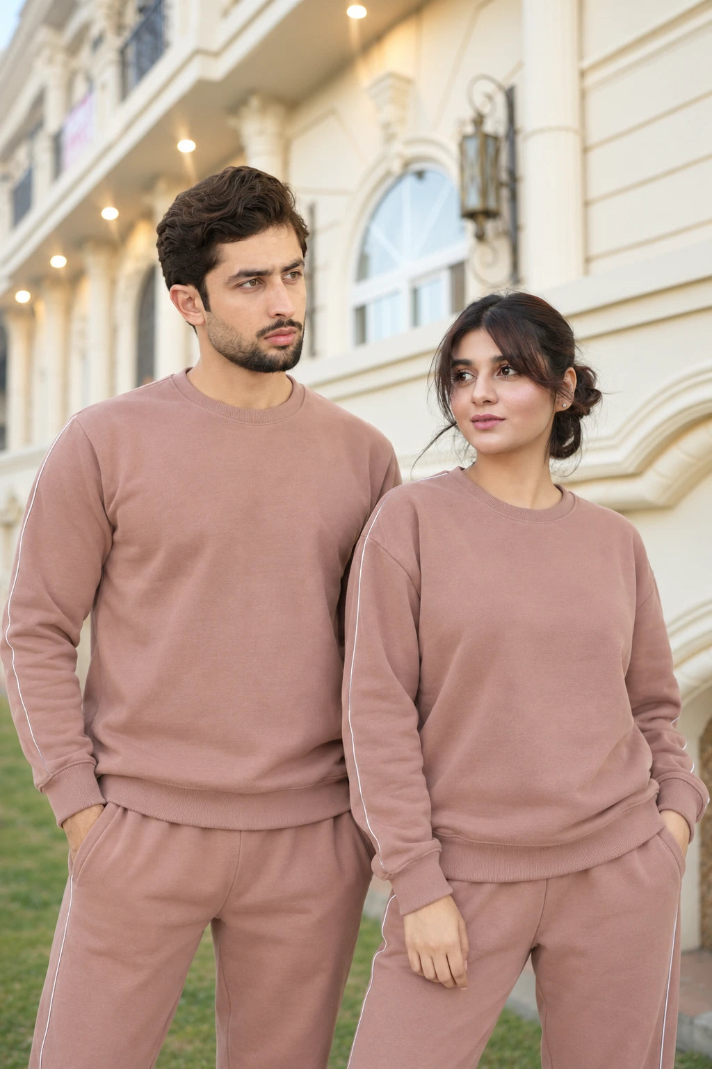 Nxtwears Unisex Dusty Rose sweatshirt with white sleeve piping - front view