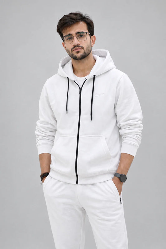 Unisex White Zip-Up Hoodie Premium Fleece with Contrast Black Zipper