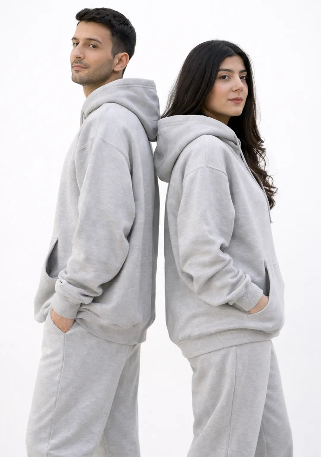 Men & Women wearing nxtwears Pullover heather grey Hoodie with Pajama Set Side view