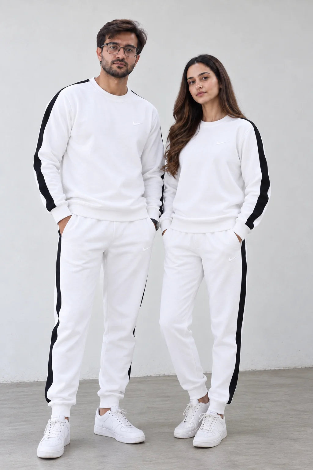 Nxtwears Winter Unisex White Co-ord Set with Black Stripes Tracksuit