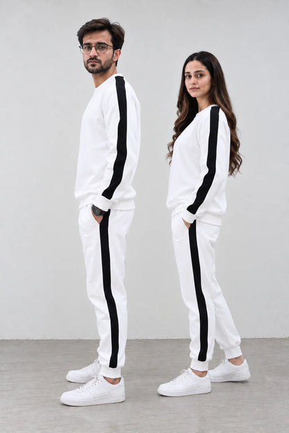 Nxtwears Winter Unisex White Co-ord Set with Black Stripes Tracksuit