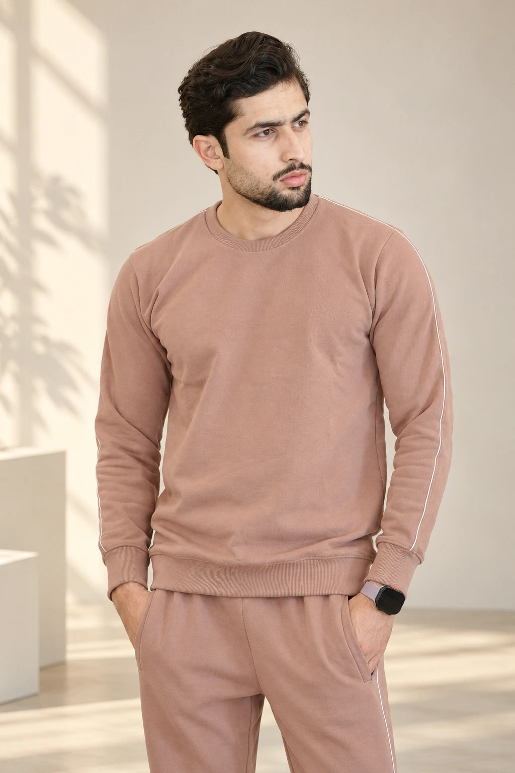 Men Model wearing Cotton Unisex Dusty rose Sweatshirt - front view