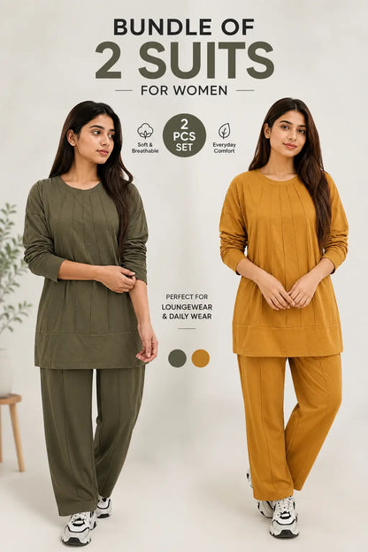Pack of 2 Women's Cotton Lounge Sets | Relaxed Fit Co-Ord Suits