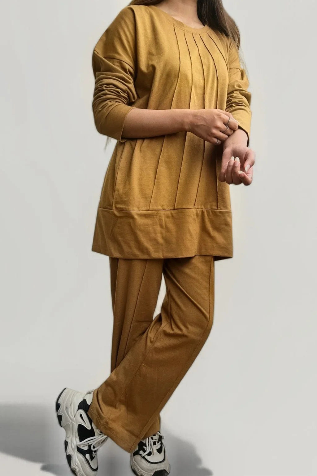 Honey mustard women’s casual co-ord set front look, soft fabric and comfortable fit
