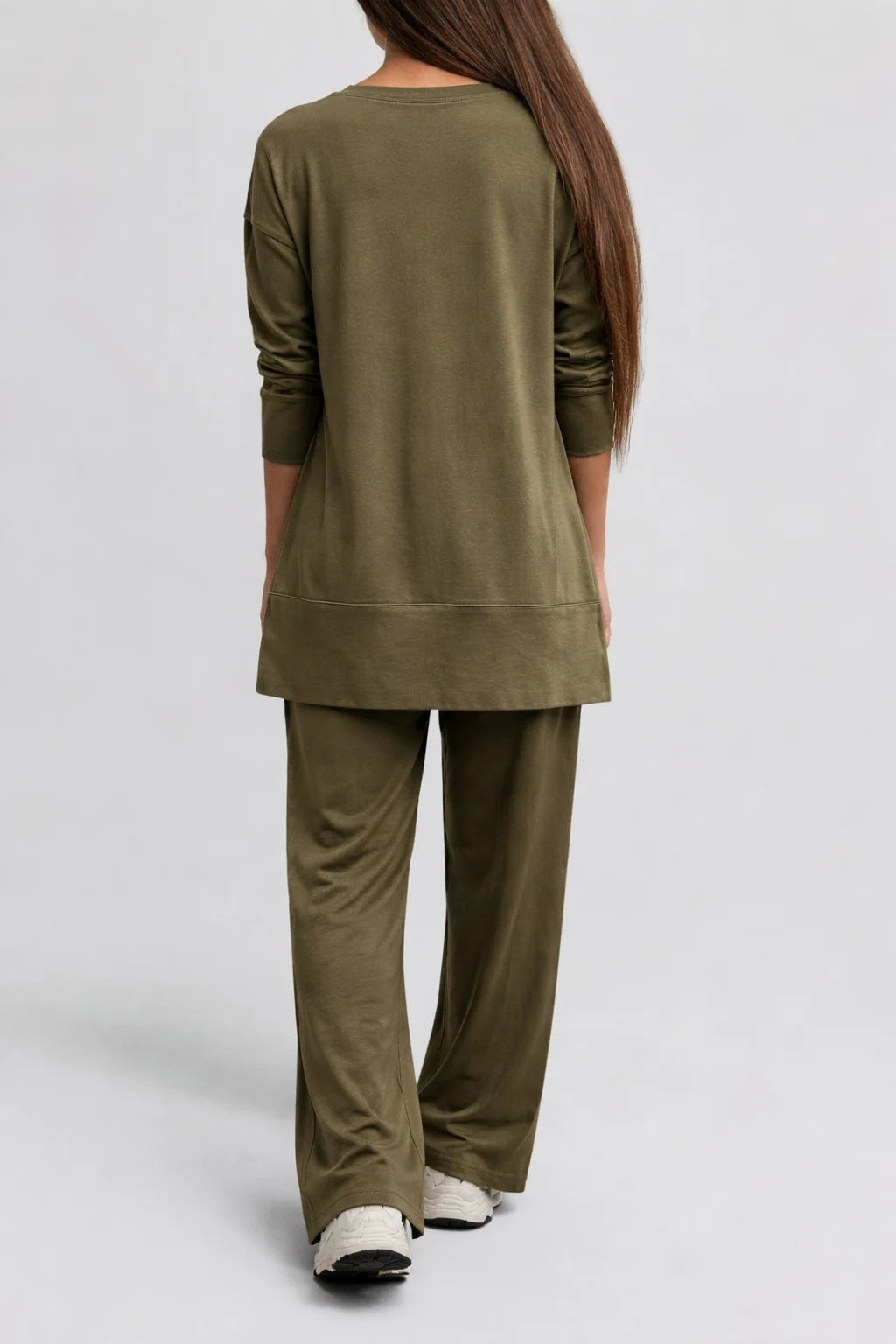 Women wearing Olive Green Cotton Coordset for Nxtwears posing backside