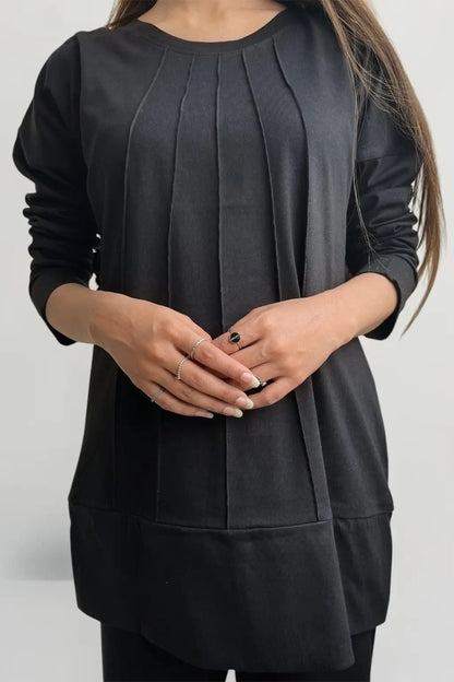Women wearing Black Co-ordset in cotton for front view closer