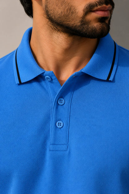 Basic Sky Blue Polo T-Shirt for Men with Black Contrast Collar